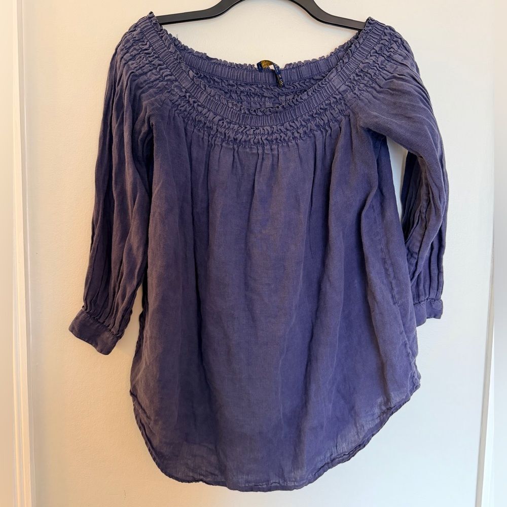 Polo by Ralph Lauren Blue Smocked Off-Shoulder Peasant Blouse - 100% Linen
